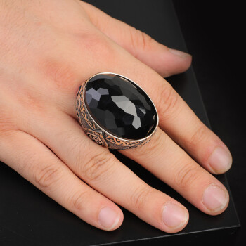  925 Sterling Silver Black Onyx Ring - Large Oval Stone, Vintage Handmade Men's Ring - 6