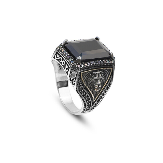  925 Sterling Silver Men's Black Onyx Lion Ring - 