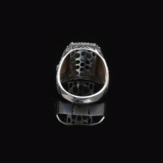  925 Sterling Silver Men's Black Onyx Lion Ring - 