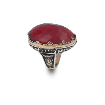  925 Sterling Silver Men's Garnet Ring, Vintage Style with Large Polished Oval Stone - 1