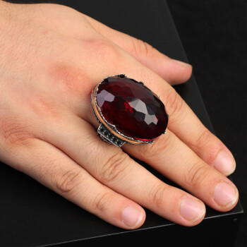  925 Sterling Silver Men's Garnet Ring, Vintage Style with Large Polished Oval Stone - 6