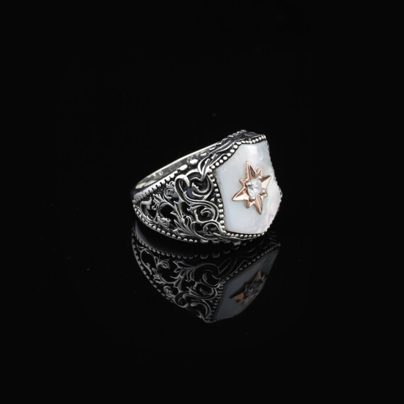  925 Sterling Silver Men's Ring - Handmade Mother of Pearl - 4