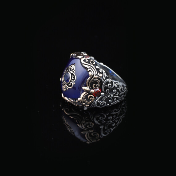  925 Sterling Silver Men's Ring - Handmade Ottoman Style Sapphire - 4