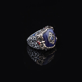  925 Sterling Silver Men's Ring - Handmade Ottoman Style Sapphire - 5