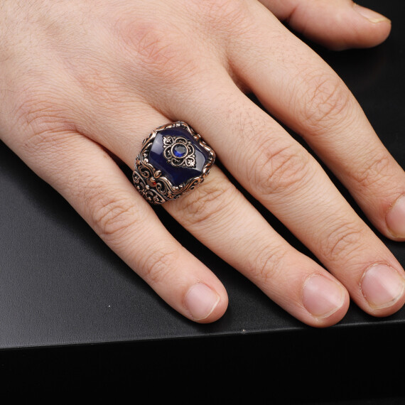  925 Sterling Silver Men's Ring - Handmade Ottoman Style Sapphire - 6