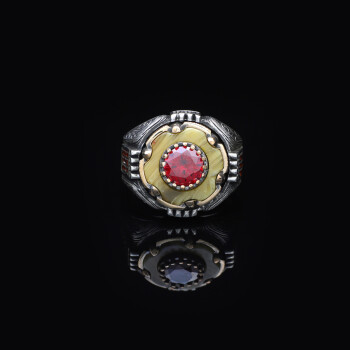  925 Sterling Silver Ottoman Style Squeezed Amber and Ruby Ring - 3