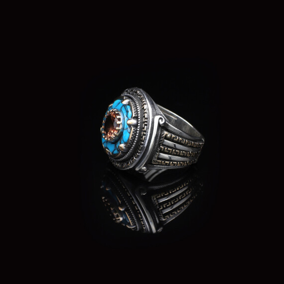  925 Sterling Silver Rotating Ring with Turquoise and Tiger Eye - 3