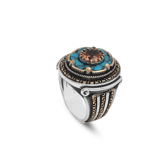  925 Sterling Silver Rotating Ring with Turquoise and Tiger Eye - 1