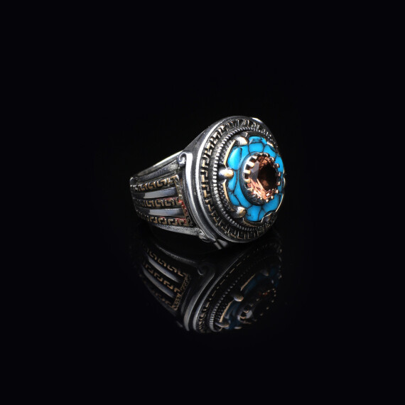  925 Sterling Silver Rotating Ring with Turquoise and Tiger Eye - 4