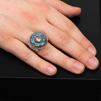  925 Sterling Silver Rotating Ring with Turquoise and Tiger Eye - 6