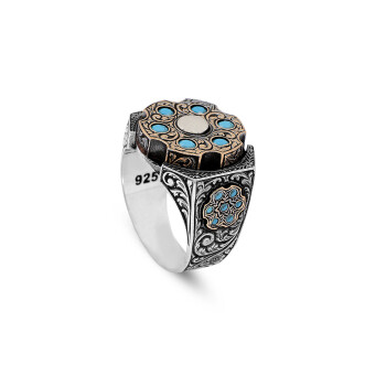  925 Sterling Silver Turquoise Ring - Men's Rotating Ottoman - 1