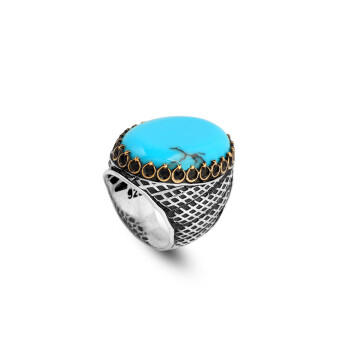 925K Silver Large Stone Ring Men, Mens Turquoise Ring - 1