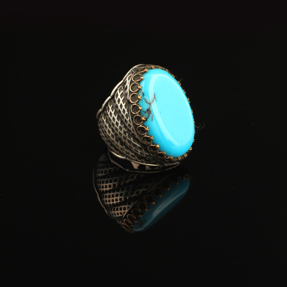 925K Silver Large Stone Ring Men, Mens Turquoise Ring - 4