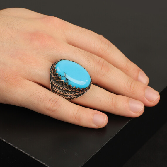 925K Silver Large Stone Ring Men, Mens Turquoise Ring - 6