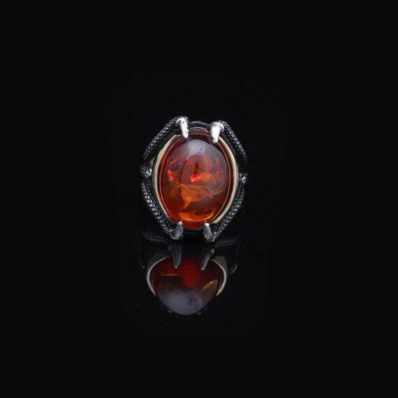 925K Sterling Silver Amber Stone Ring, Mens Handmade Ring - 4