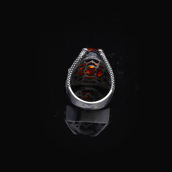 925K Sterling Silver Amber Stone Ring, Mens Handmade Ring - 5