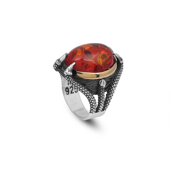 925K Sterling Silver Amber Stone Ring, Mens Handmade Ring - 1