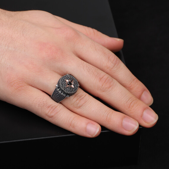 925K Sterling Silver Compass Ring, Men Signet Ring, Black Onyx Ring - 6