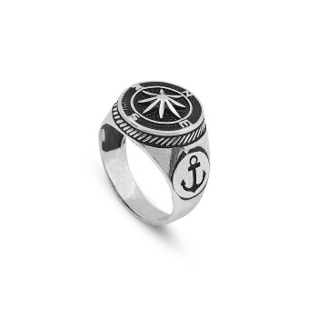 925K Sterling Silver Compass Ring, Men Signet Ring, Silver Sailor Ring - 1