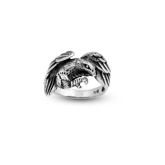 925K Sterling Silver Eagle Ring, Oxidized Eagle Ring, 3D - 1