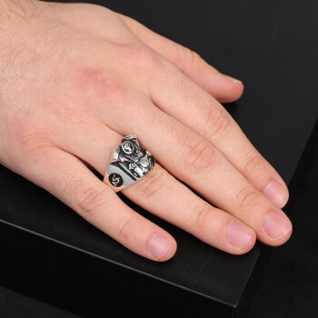 925K Sterling Silver Skull Ring, Mens Skull Ring, Ice Hockey Ring - 6