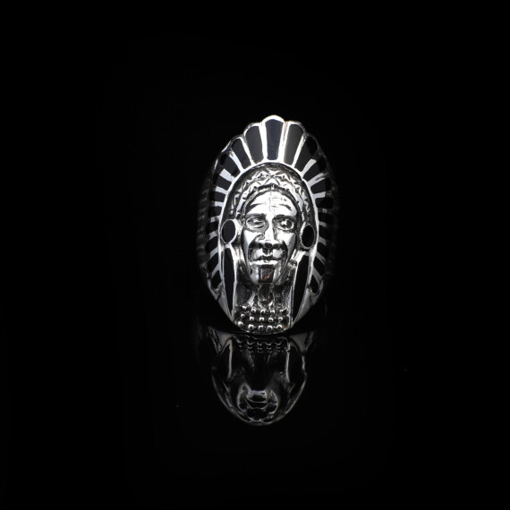 American Indian Chief Handmade Silver Men Ring, Polished Silver, Biker Ring - 2