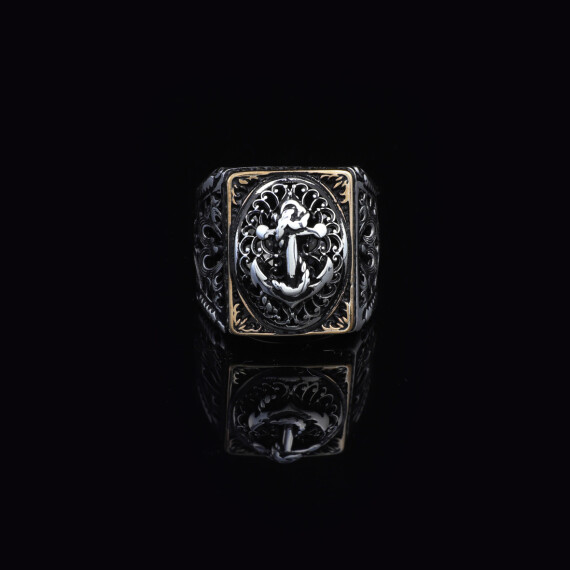 Anchor Ring, Custom Engraved Ring, Oxidized Silver Ring - 5