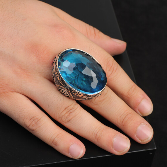  Aquamarine Large Oval Stone Ring for Men, Vintage 925 Sterling Silver - 6