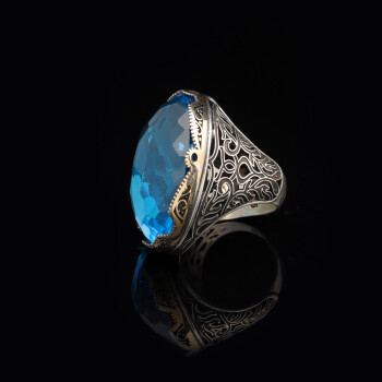  Aquamarine Ring with Large Oval Stone – Vintage Men’s Ring in Polished 925 Sterling Silver - 3