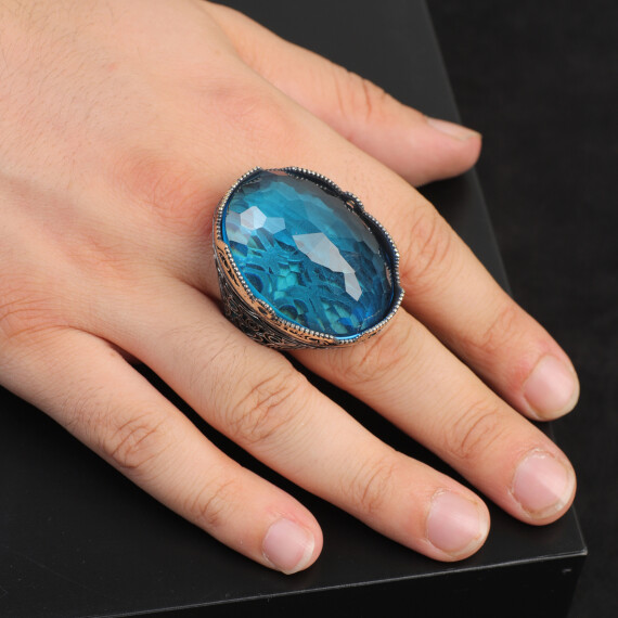  Aquamarine Ring with Large Oval Stone – Vintage Men’s Ring in Polished 925 Sterling Silver - 6