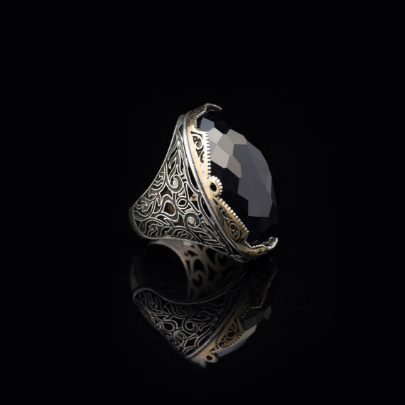  Black Onyx Ring with Large Oval Stone – Vintage Men’s Ring - 4