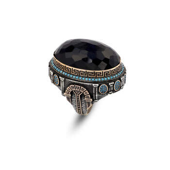  Black Onyx Ring with Micro Turquoise Stone – Large Oval Vintage Men’s Ring - 1