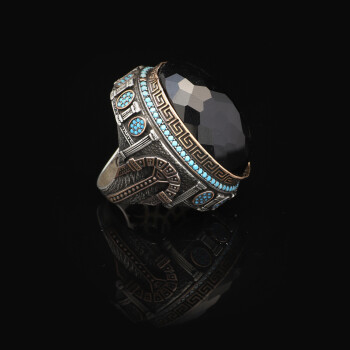  Black Onyx Ring with Micro Turquoise Stone – Large Oval Vintage Men’s Ring - 4