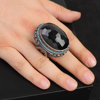  Black Onyx Ring with Micro Turquoise Stone – Large Oval Vintage Men’s Ring - 6