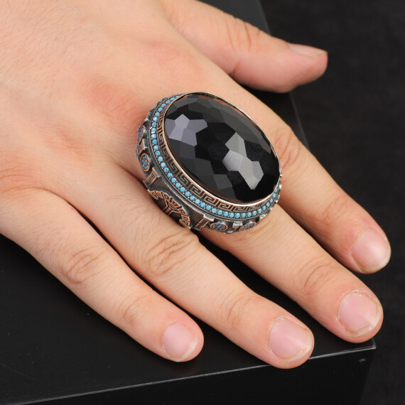  Black Onyx Ring with Micro Turquoise Stone – Large Oval Vintage Men’s Ring - 6