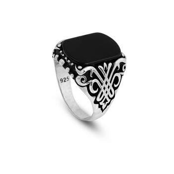 Black Onyx Ring with Ornate Ottoman, Men Sterling Silver Ring - 1