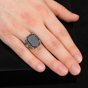 Black Onyx Ring with Ornate Ottoman, Men Sterling Silver Ring - 6