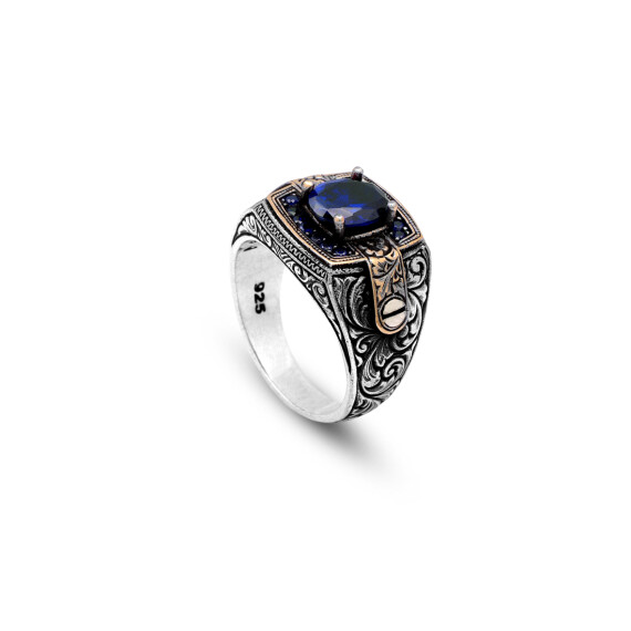  Blue Sapphire Ring with Micro Stone - Vintage Men's Gemstone Ring - 1