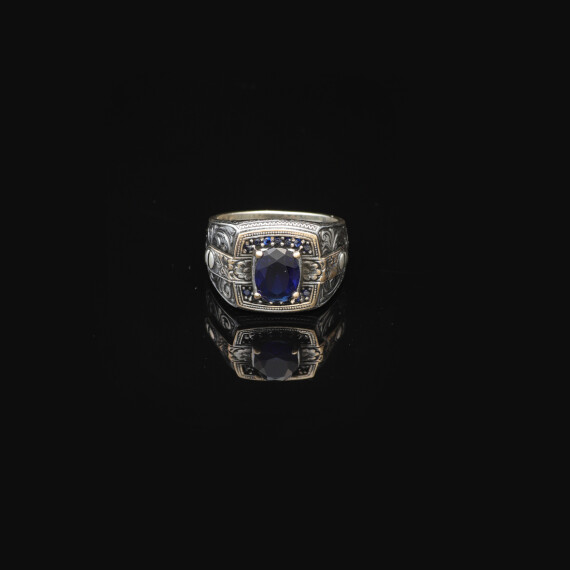  Blue Sapphire Ring with Micro Stone - Vintage Men's Gemstone Ring - 2