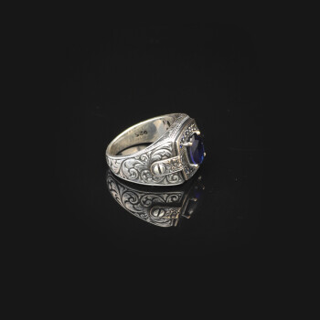  Blue Sapphire Ring with Micro Stone - Vintage Men's Gemstone Ring - 3