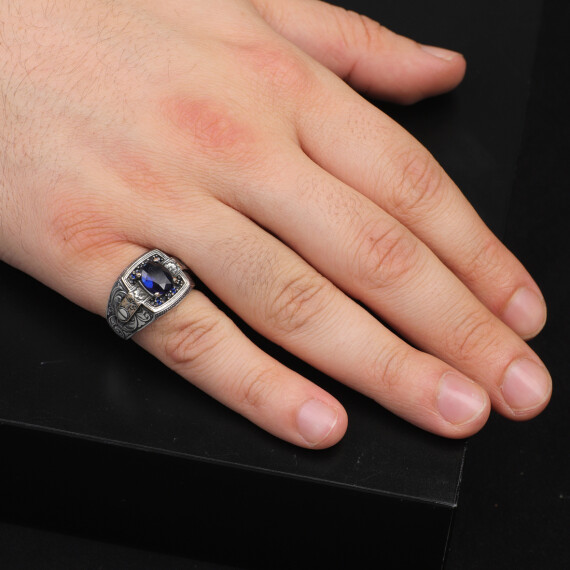  Blue Sapphire Ring with Micro Stone - Vintage Men's Gemstone Ring - 6