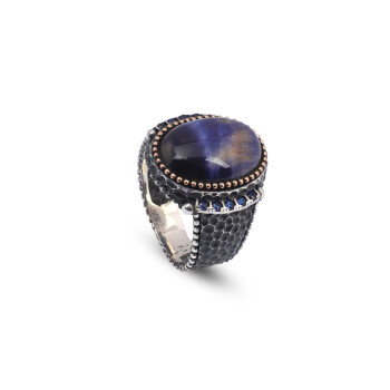  Blue Tiger Eye Pinky Ring for Men, Oval Gemstone Ring - 1