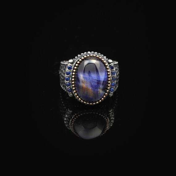  Blue Tiger Eye Pinky Ring for Men, Oval Gemstone Ring - 4