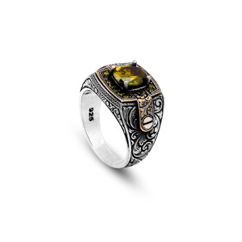  Citrine Pinky Ring with Micro Stone - Vintage Style Men's Gemstone Ring - 1