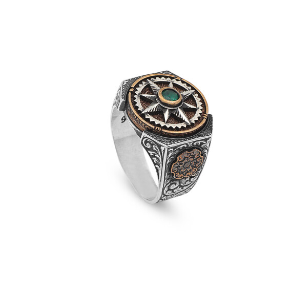 Emerald Ring Men,Compass Silver Emerald Ring, Stress Wheel Design - 1