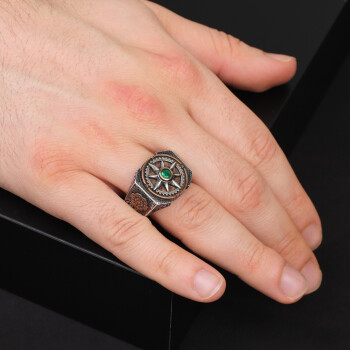 Emerald Ring Men,Compass Silver Emerald Ring, Stress Wheel Design - 6