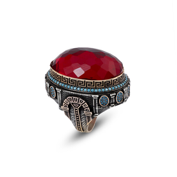  Garnet and Micro Turquoise Ring – Large Oval Vintage Men’s Ring - 1