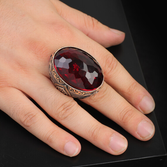  Garnet Engagement Ring for Men, Large Vintage Style Oval Stone - 6