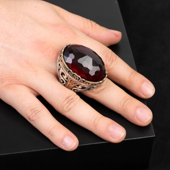  Garnet Ring Oval Stone - Handmade Vintage Ottoman Large Gemstone Ring Men - 6