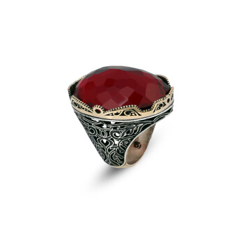  Garnet Ring with Large Oval Stone – Vintage 925 Sterling Silver Men’s Ring - 1